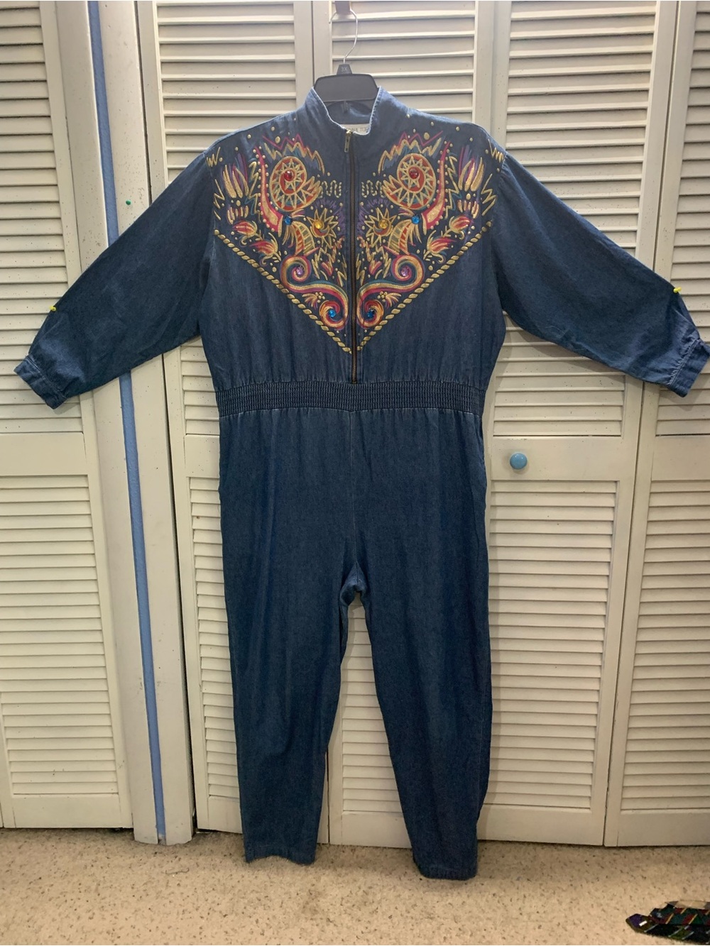 Vintage 1980s Donna Toran Denim Jumpsuit With Puff Paint & Multicolor Jewels